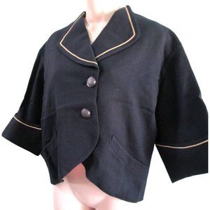 Vintage Navy Blue Twill Stripe Ladies Jacket Blush Satin Lining White Piping L